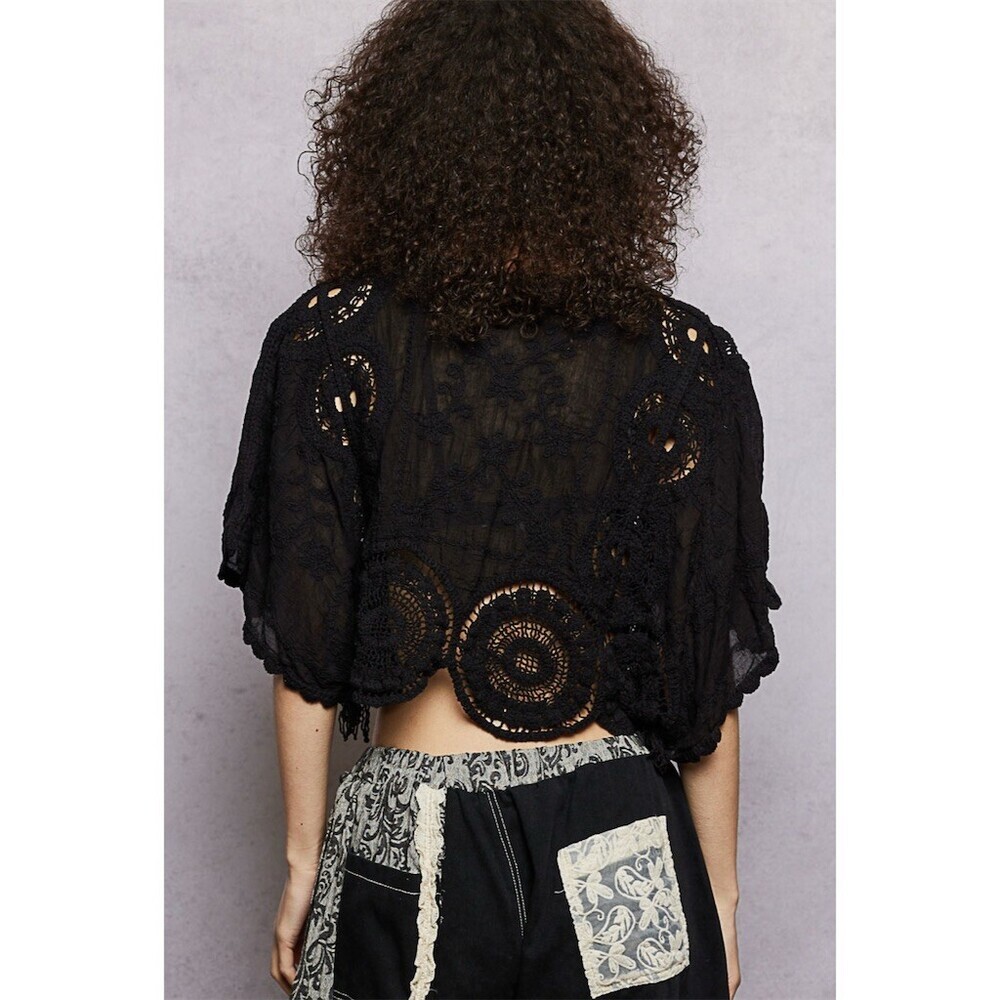 POL Boho Crochet Embroidered Cropped Top OS BlacK Festive Hippie Gypsy Gothic - Picture 7 of 15